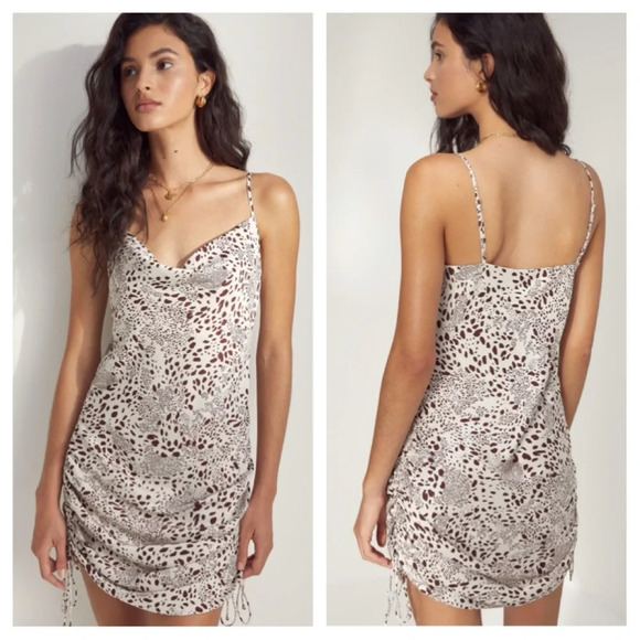 Wilfred Dresses & Skirts - Wilfred Aritzia Only Ruched Slip Dress Birch Bitter Chocolate Leopard Print XS
